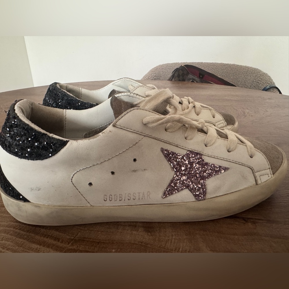 Golden Goose Beige Sneakers with Pink and Black Glitter Accents